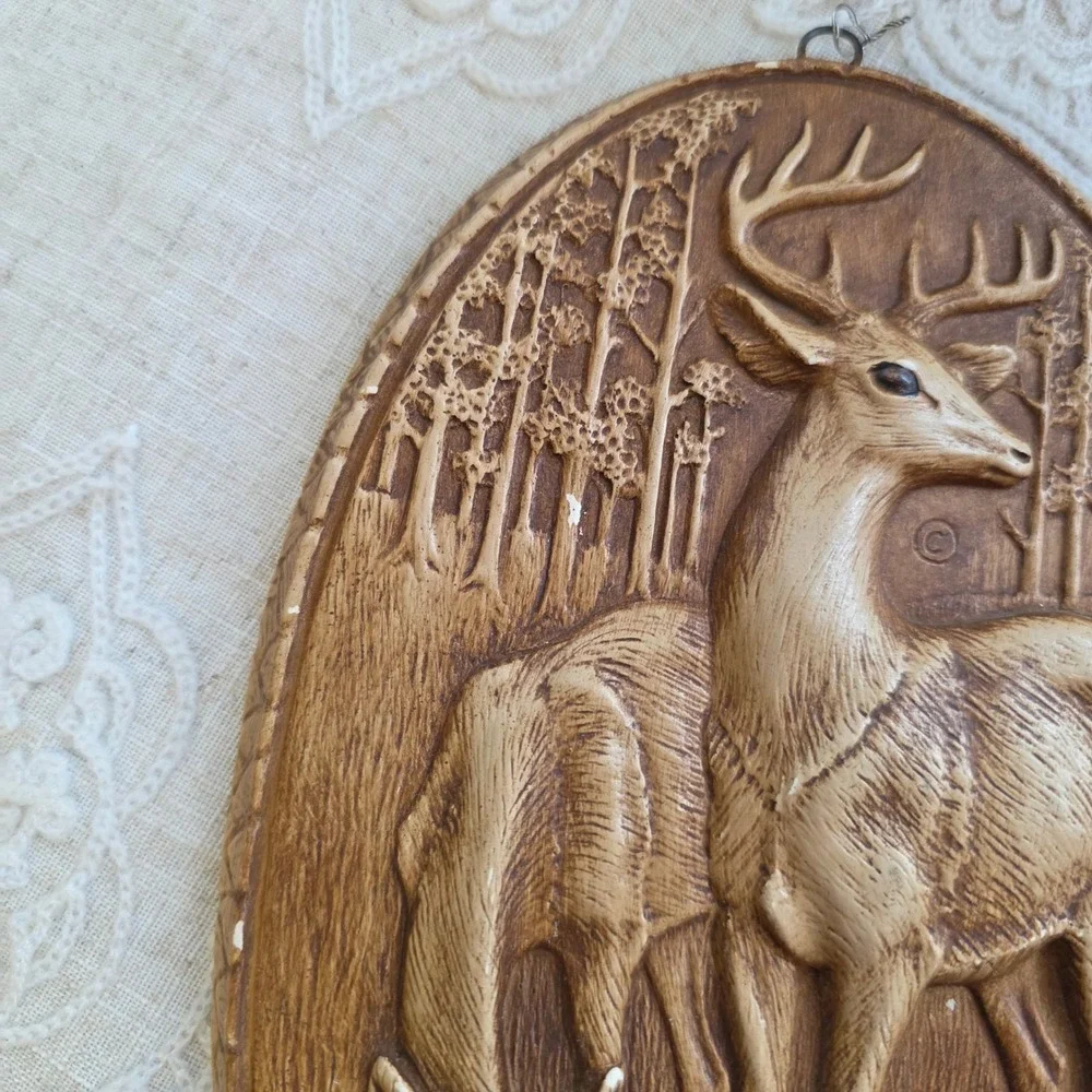 Deer Decor Wall Plaques Set of 2 Brown Tomahawk Wis Rustic Cabin, Chalkware